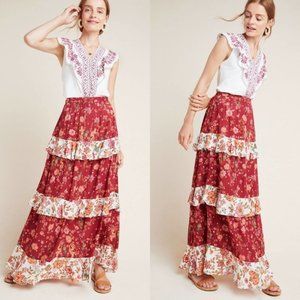 Farm Rio Anthro Portia Red White Tiered Floral Cottage Western Prarie Maxi Skirt